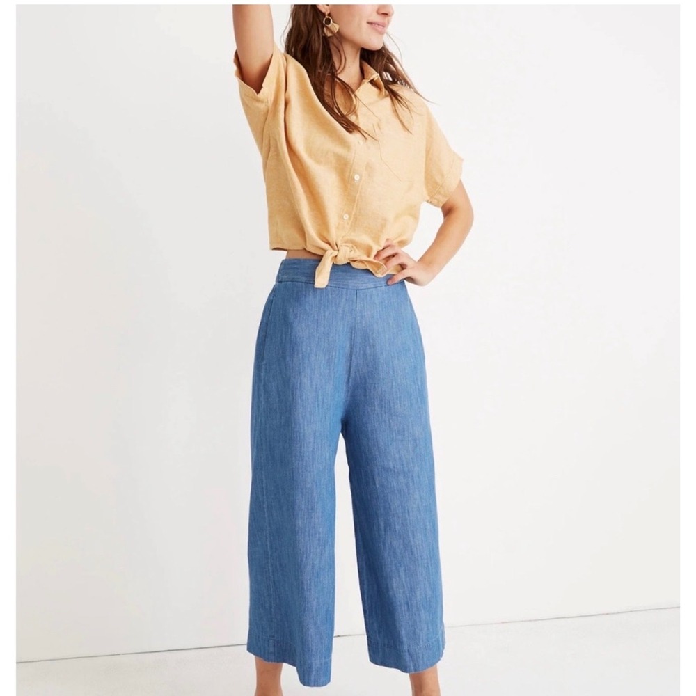 Madewell  Huston Pull-On Crop Pants Blue Cotton Linen Blend Wide Leg Small